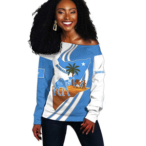 Somalia Off Shoulder Sweater with Camel Desert Map Palm Tree Heritage Spirit