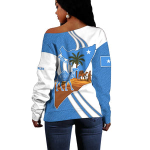 Somalia Off Shoulder Sweater with Camel Desert Map Palm Tree Heritage Spirit