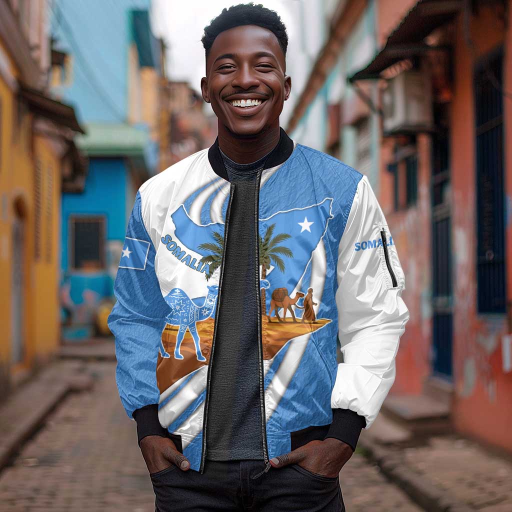 Somalia Sleeve Zip Bomber Jacket with Camel Desert Map Palm Tree Heritage Spirit