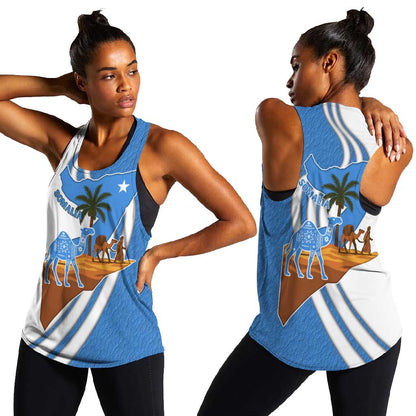 Somalia Women Racerback Tank with Camel Desert Map Palm Tree Heritage Spirit