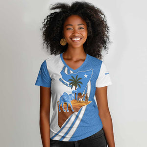 Somalia Women V-Neck T-Shirt with Camel Desert Map Palm Tree Heritage Spirit