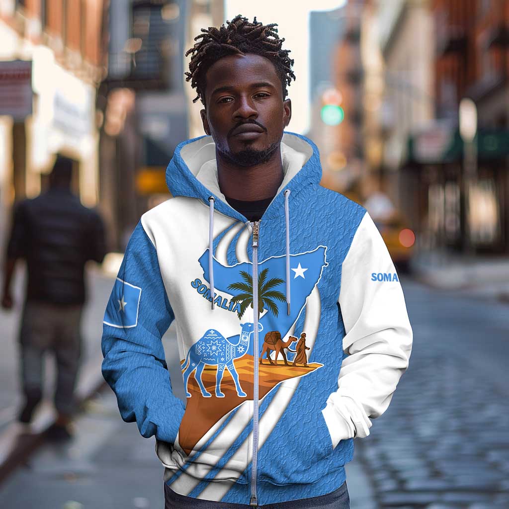 Somalia Zip Hoodie with Camel Desert Map Palm Tree Heritage Spirit
