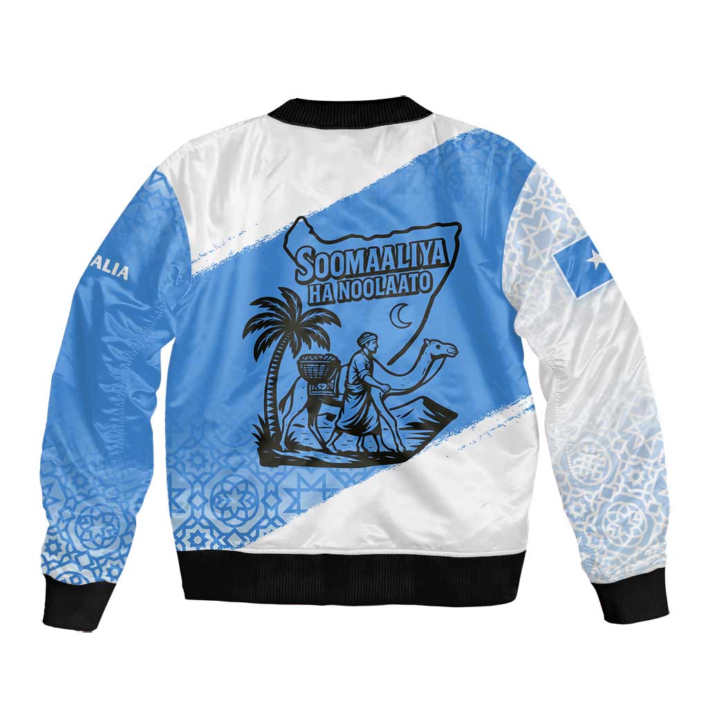 Somalia Bomber Jacket with Soomaaliya Ha Noolaato Nomad Moon Flag Spirit