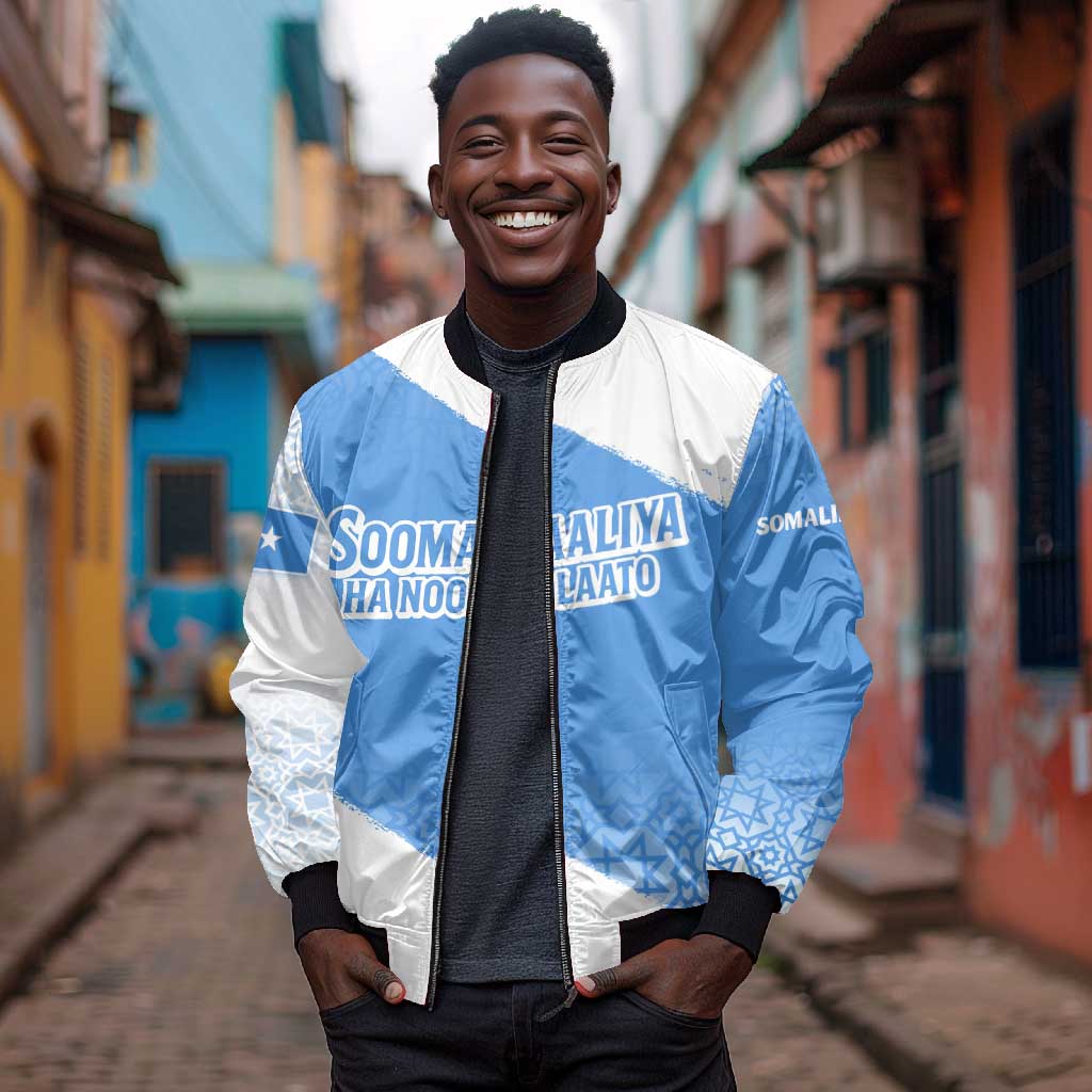 Somalia Bomber Jacket with Soomaaliya Ha Noolaato Nomad Moon Flag Spirit