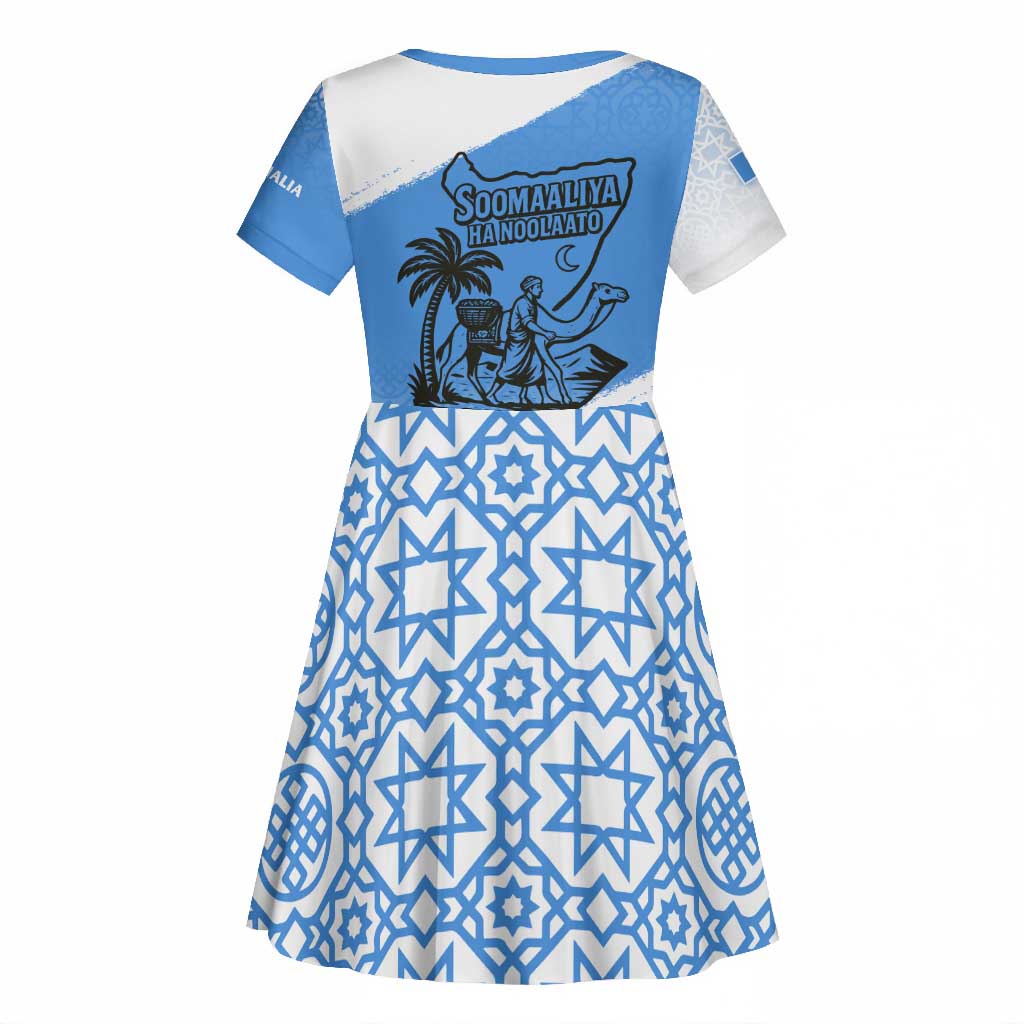 Somalia Kid Short Sleeve Dress with Soomaaliya Ha Noolaato Nomad Moon Flag Spirit