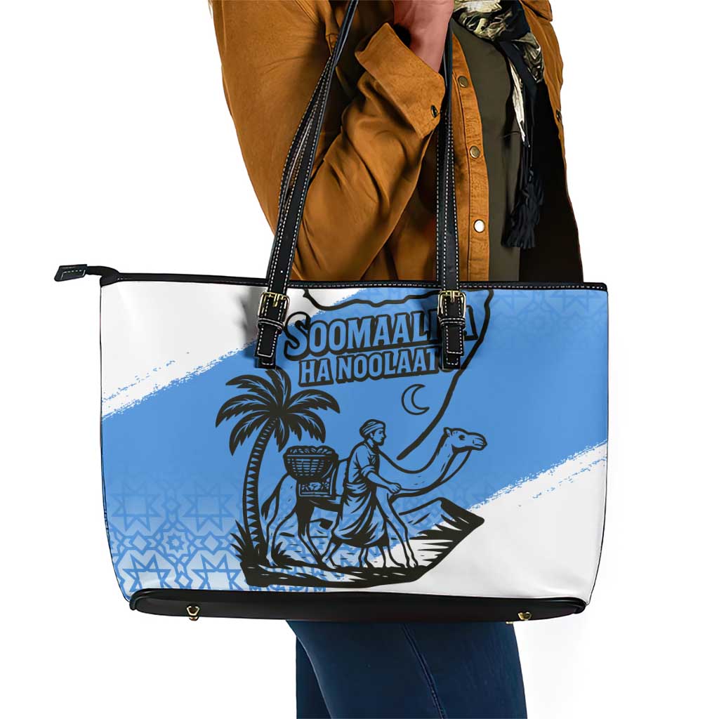 Somalia Leather Tote Bag with Soomaaliya Ha Noolaato Nomad Moon Flag Spirit