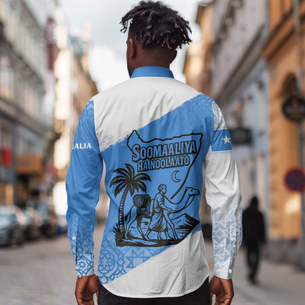 Somalia Long Sleeve Button Shirt with Soomaaliya Ha Noolaato Nomad Moon Flag Spirit