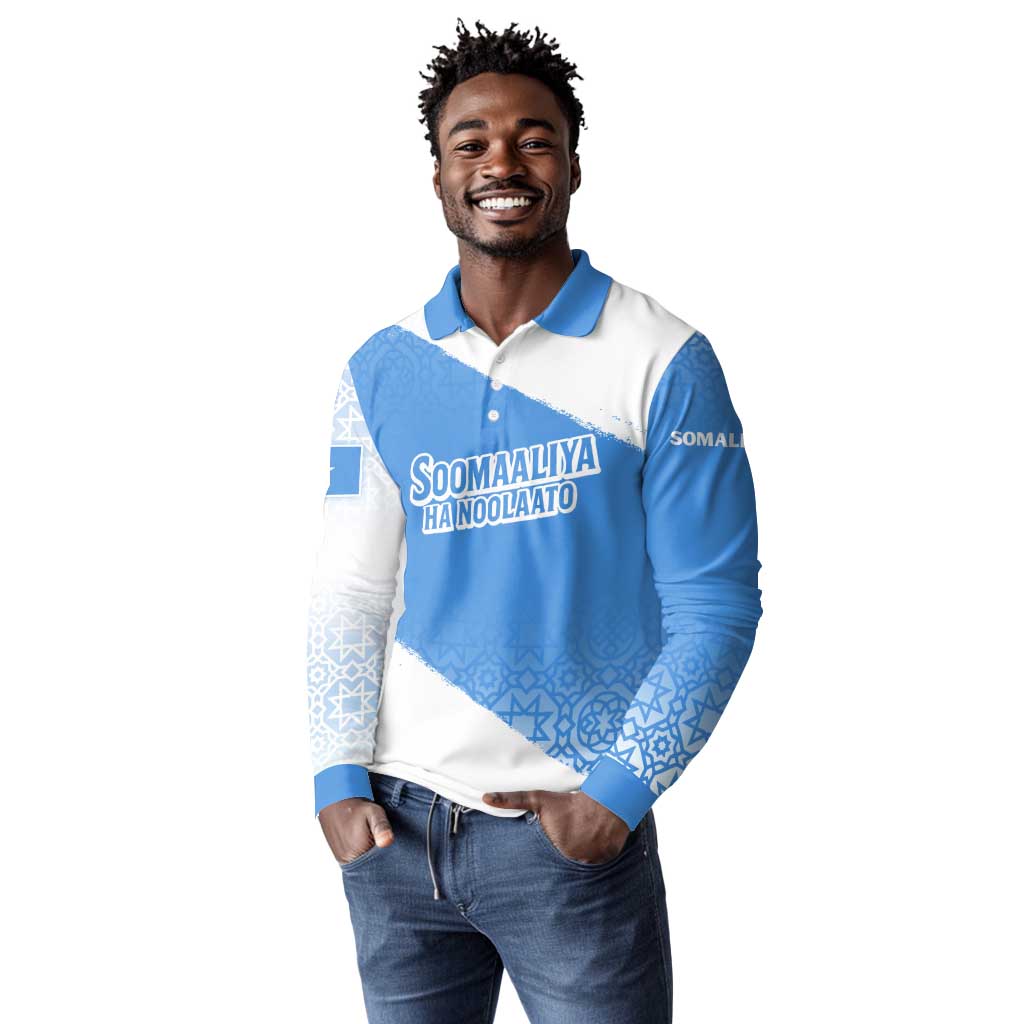 Somalia Long Sleeve Polo Shirt with Soomaaliya Ha Noolaato Nomad Moon Flag Spirit