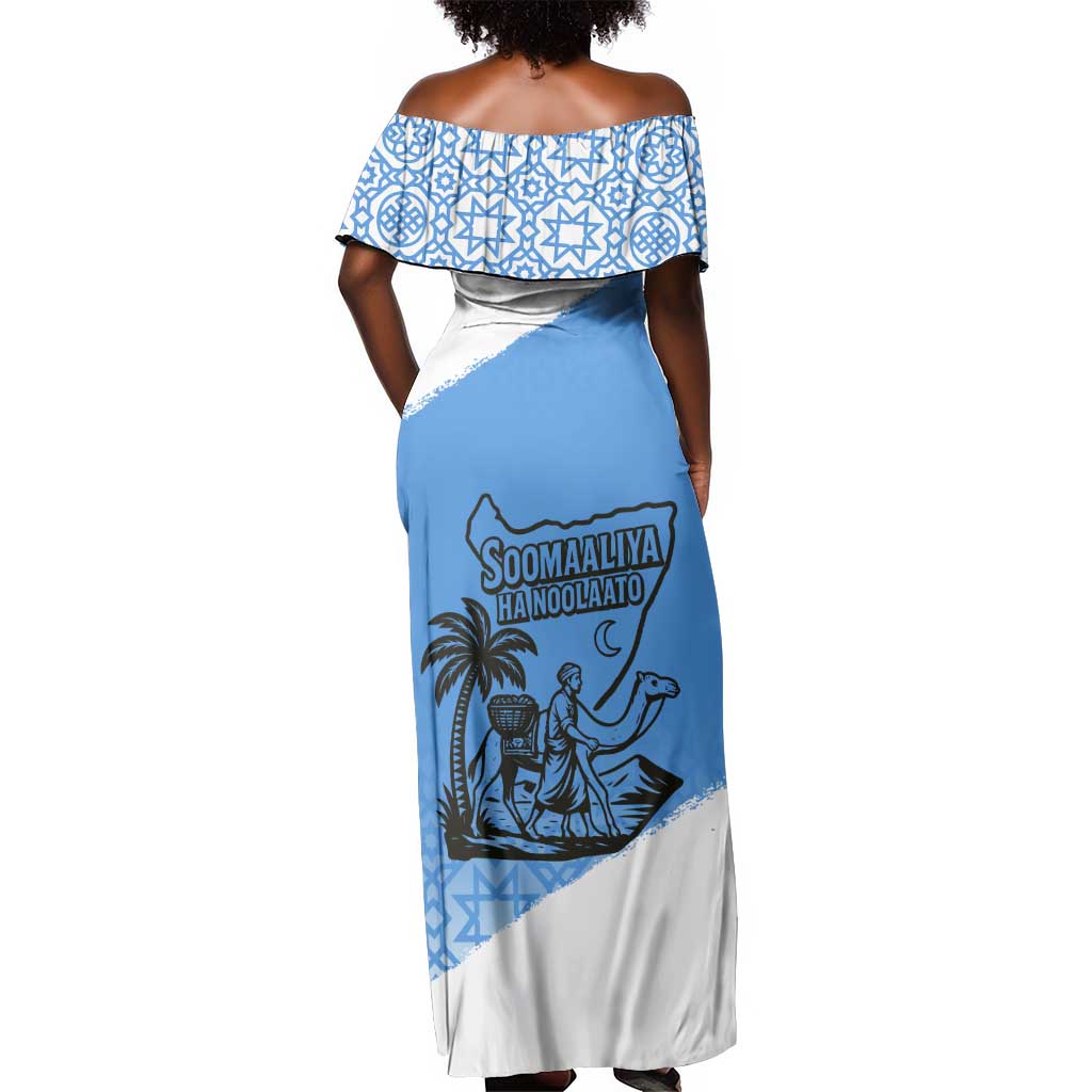 Somalia Off Shoulder Maxi Dress with Soomaaliya Ha Noolaato Nomad Moon Flag Spirit