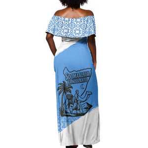 Somalia Off Shoulder Maxi Dress with Soomaaliya Ha Noolaato Nomad Moon Flag Spirit