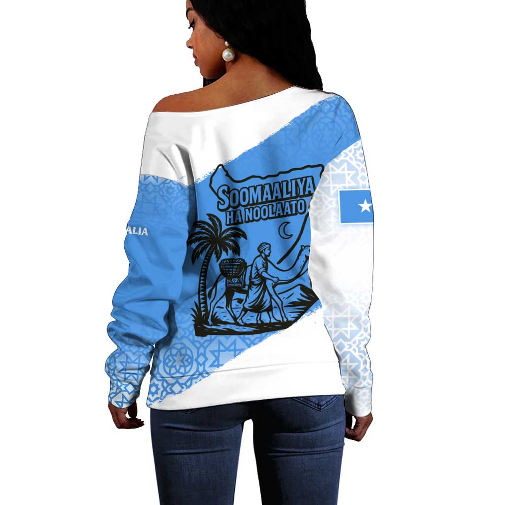 Somalia Off Shoulder Sweater with Soomaaliya Ha Noolaato Nomad Moon Flag Spirit