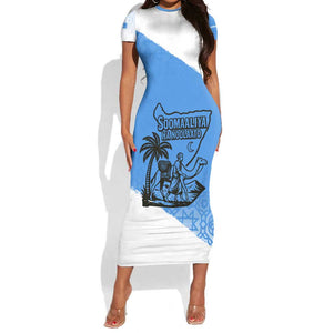 Somalia Short Sleeve Bodycon Dress with Soomaaliya Ha Noolaato Nomad Moon Flag Spirit