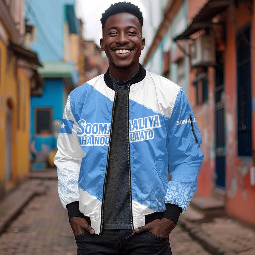 Somalia Sleeve Zip Bomber Jacket with Soomaaliya Ha Noolaato Nomad Moon Flag Spirit