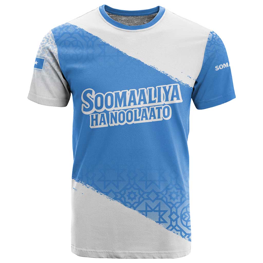 Somalia T shirt with Soomaaliya Ha Noolaato Nomad Moon Flag Spirit