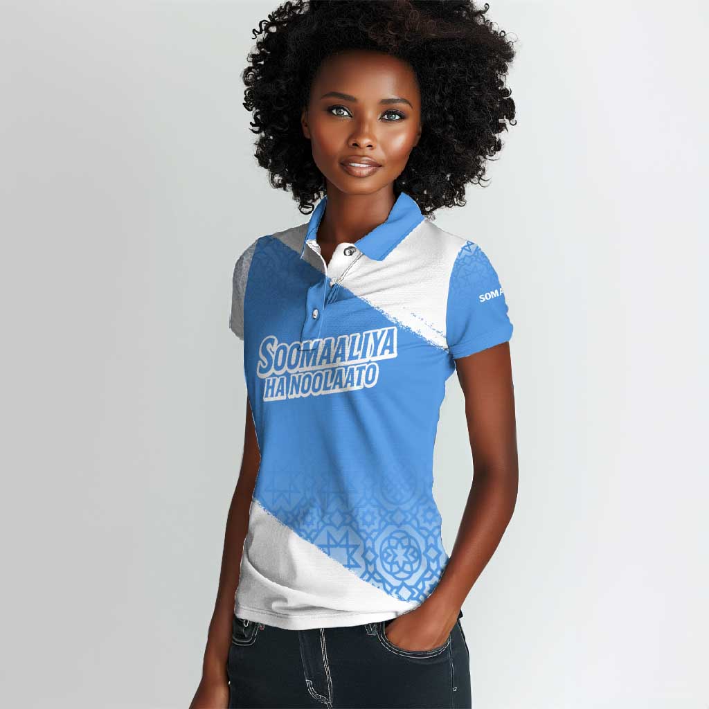 Somalia Women Polo Shirt with Soomaaliya Ha Noolaato Nomad Moon Flag Spirit