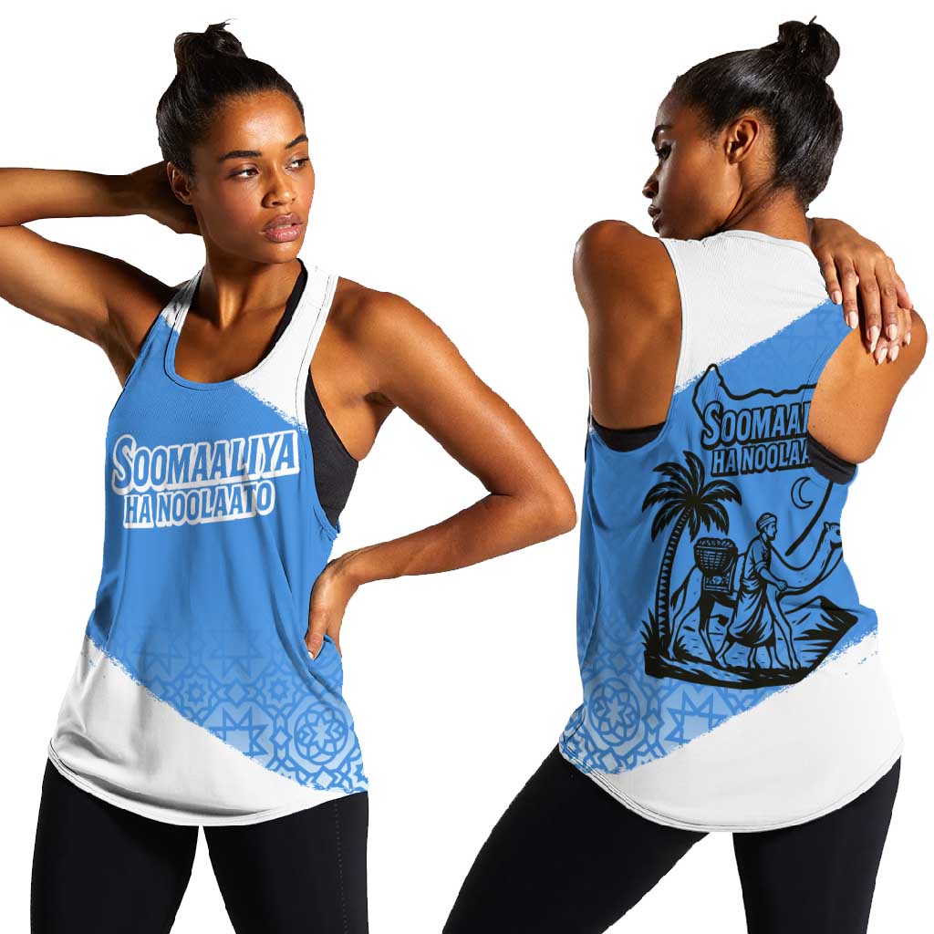 Somalia Women Racerback Tank with Soomaaliya Ha Noolaato Nomad Moon Flag Spirit