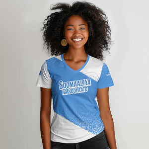 Somalia Women V-Neck T-Shirt with Soomaaliya Ha Noolaato Nomad Moon Flag Spirit