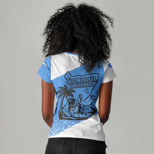 Somalia Women V-Neck T-Shirt with Soomaaliya Ha Noolaato Nomad Moon Flag Spirit
