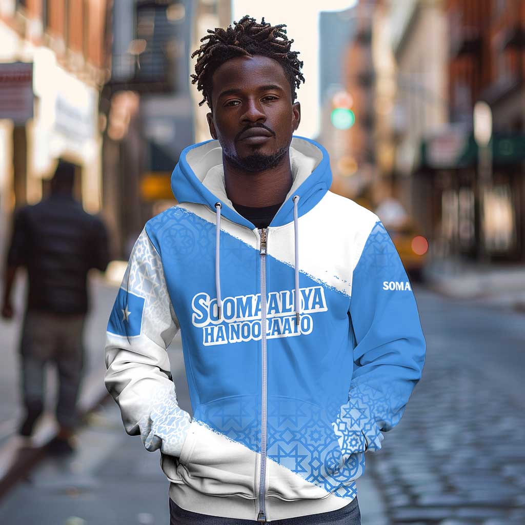 Somalia Zip Hoodie with Soomaaliya Ha Noolaato Nomad Moon Flag Spirit