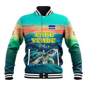 Cape Verde Baseball Jacket with Loggerhead Sea Turtle Ocean Sunset Spirit