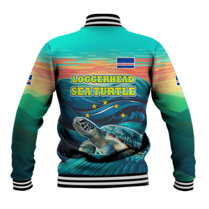 Cape Verde Baseball Jacket with Loggerhead Sea Turtle Ocean Sunset Spirit