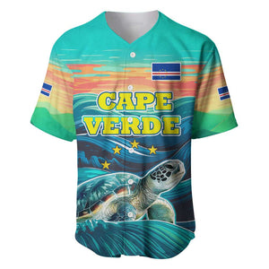 Cape Verde Baseball Jersey with Loggerhead Sea Turtle Ocean Sunset Spirit