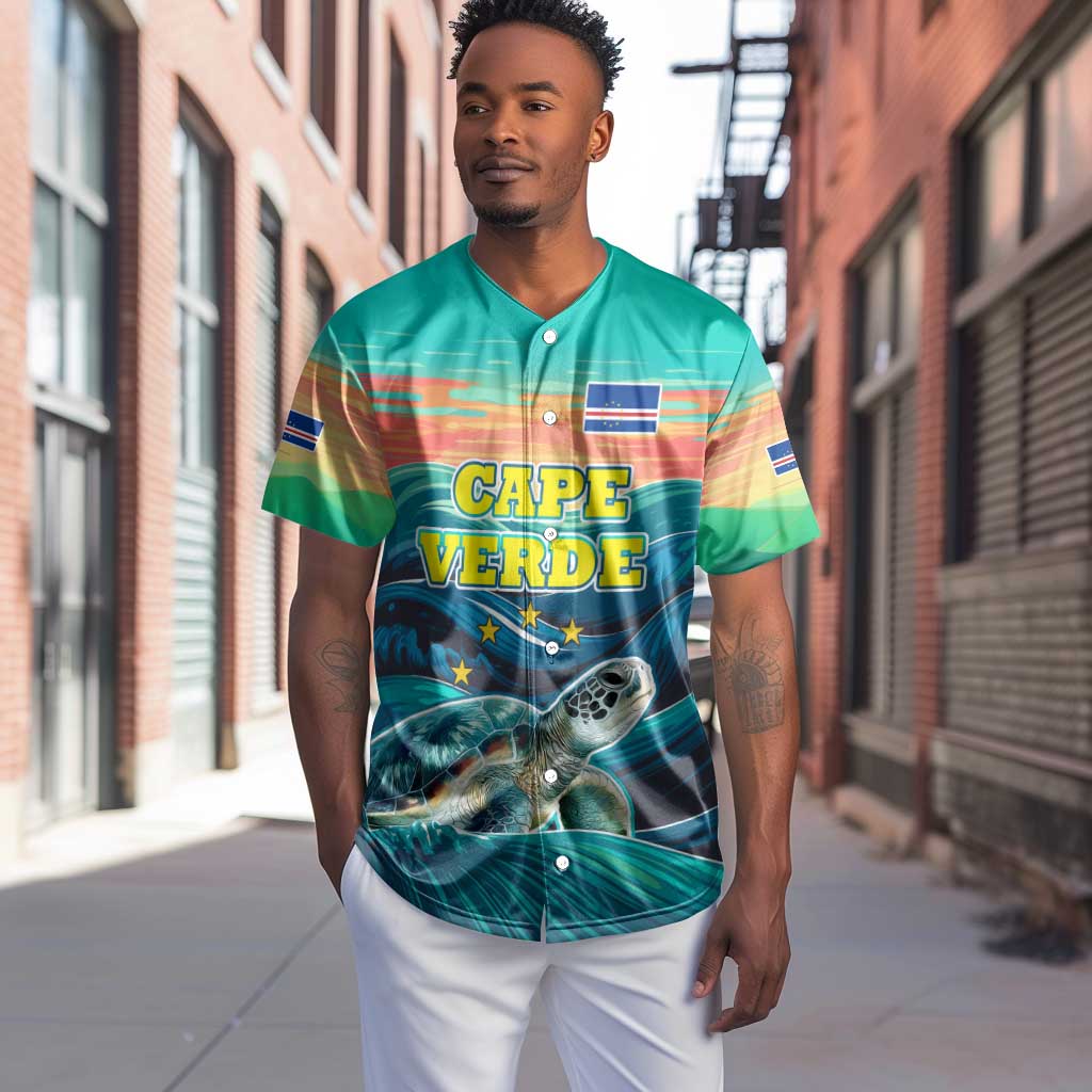 Cape Verde Baseball Jersey with Loggerhead Sea Turtle Ocean Sunset Spirit