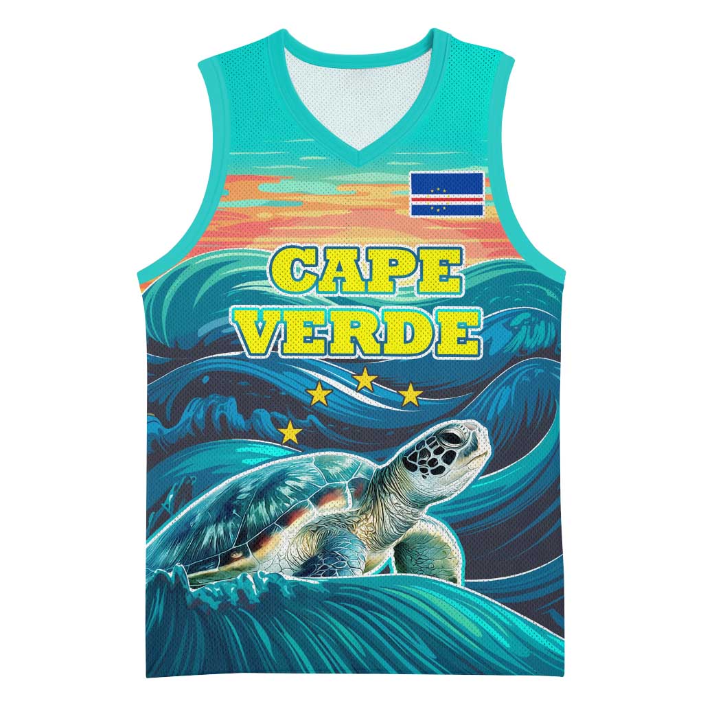 Cape Verde Basketball Jersey with Loggerhead Sea Turtle Ocean Sunset Spirit - African Pride