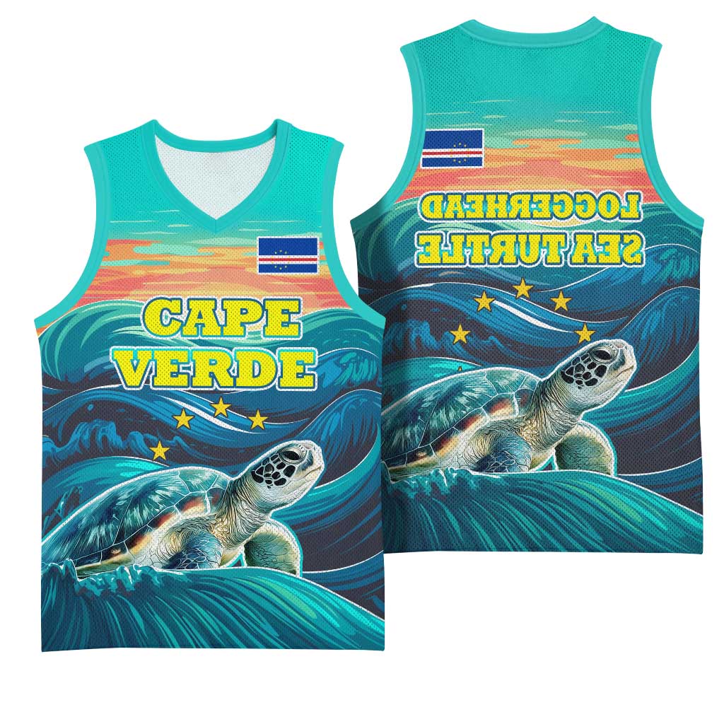 Cape Verde Basketball Jersey with Loggerhead Sea Turtle Ocean Sunset Spirit - African Pride