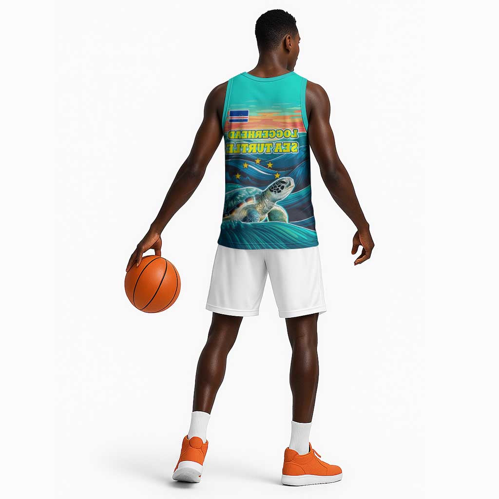 Cape Verde Basketball Jersey with Loggerhead Sea Turtle Ocean Sunset Spirit - African Pride