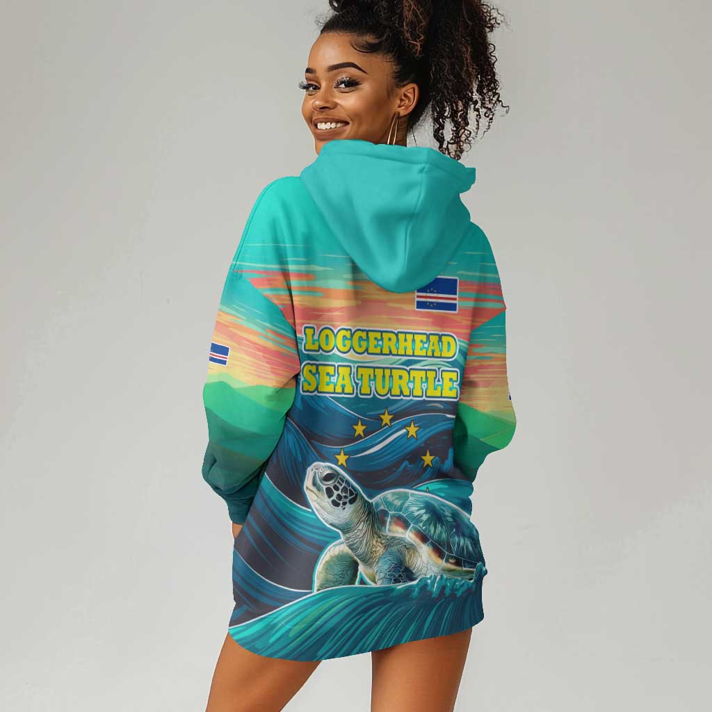 Cape Verde Hoodie Dress with Loggerhead Sea Turtle Ocean Sunset Spirit
