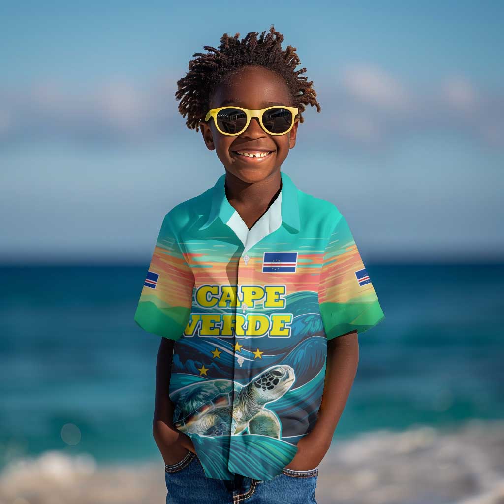 Cape Verde Kid Hawaiian Shirt with Loggerhead Sea Turtle Ocean Sunset Spirit
