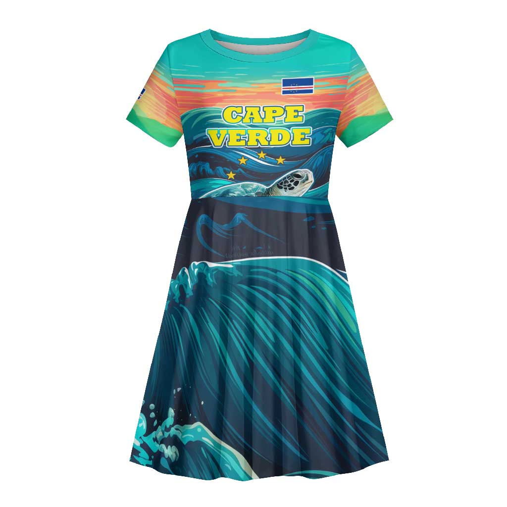 Cape Verde Kid Short Sleeve Dress with Loggerhead Sea Turtle Ocean Sunset Spirit