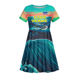 Cape Verde Kid Short Sleeve Dress with Loggerhead Sea Turtle Ocean Sunset Spirit