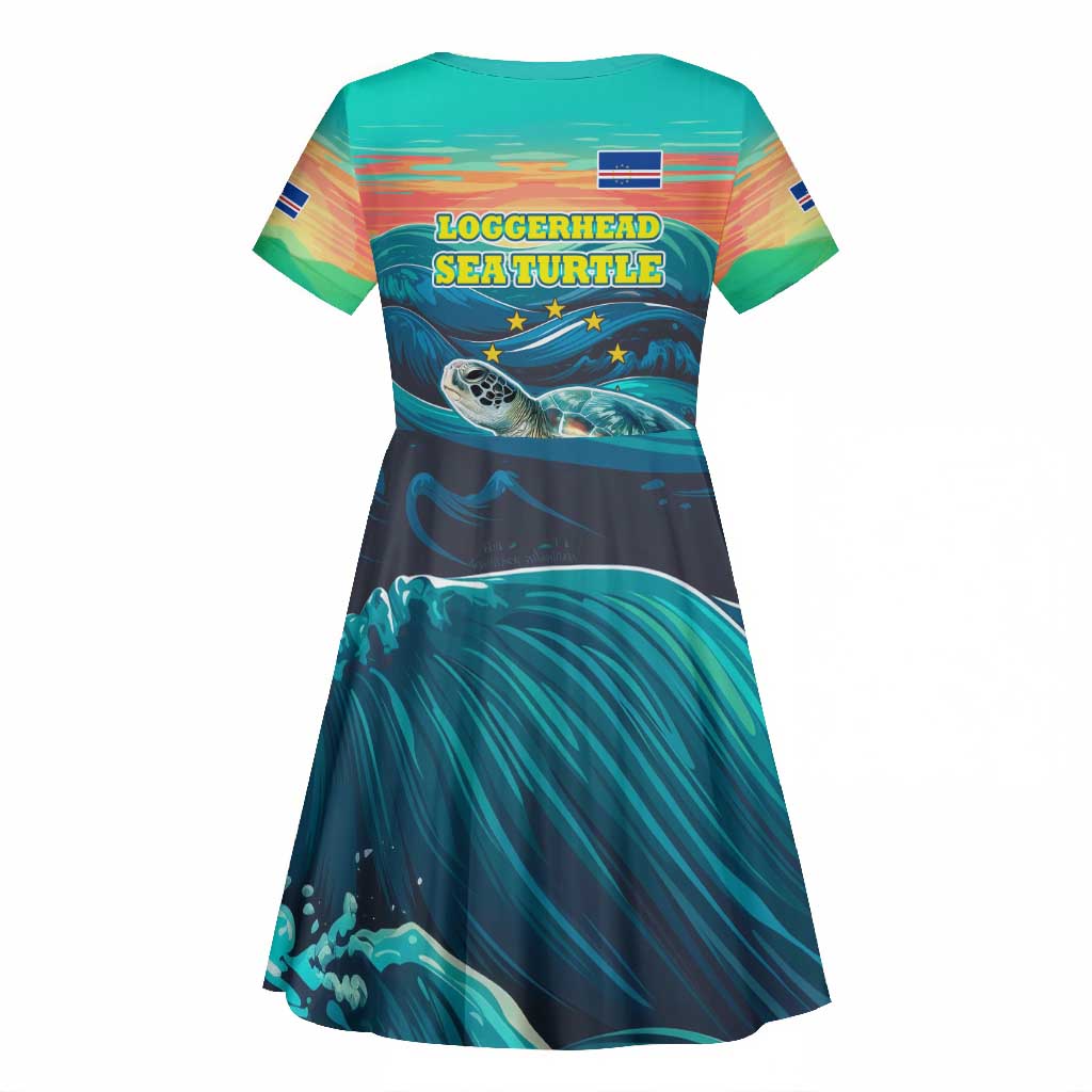 Cape Verde Kid Short Sleeve Dress with Loggerhead Sea Turtle Ocean Sunset Spirit