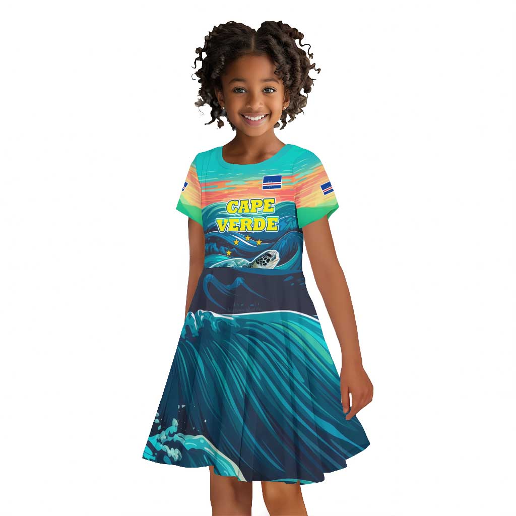 Cape Verde Kid Short Sleeve Dress with Loggerhead Sea Turtle Ocean Sunset Spirit