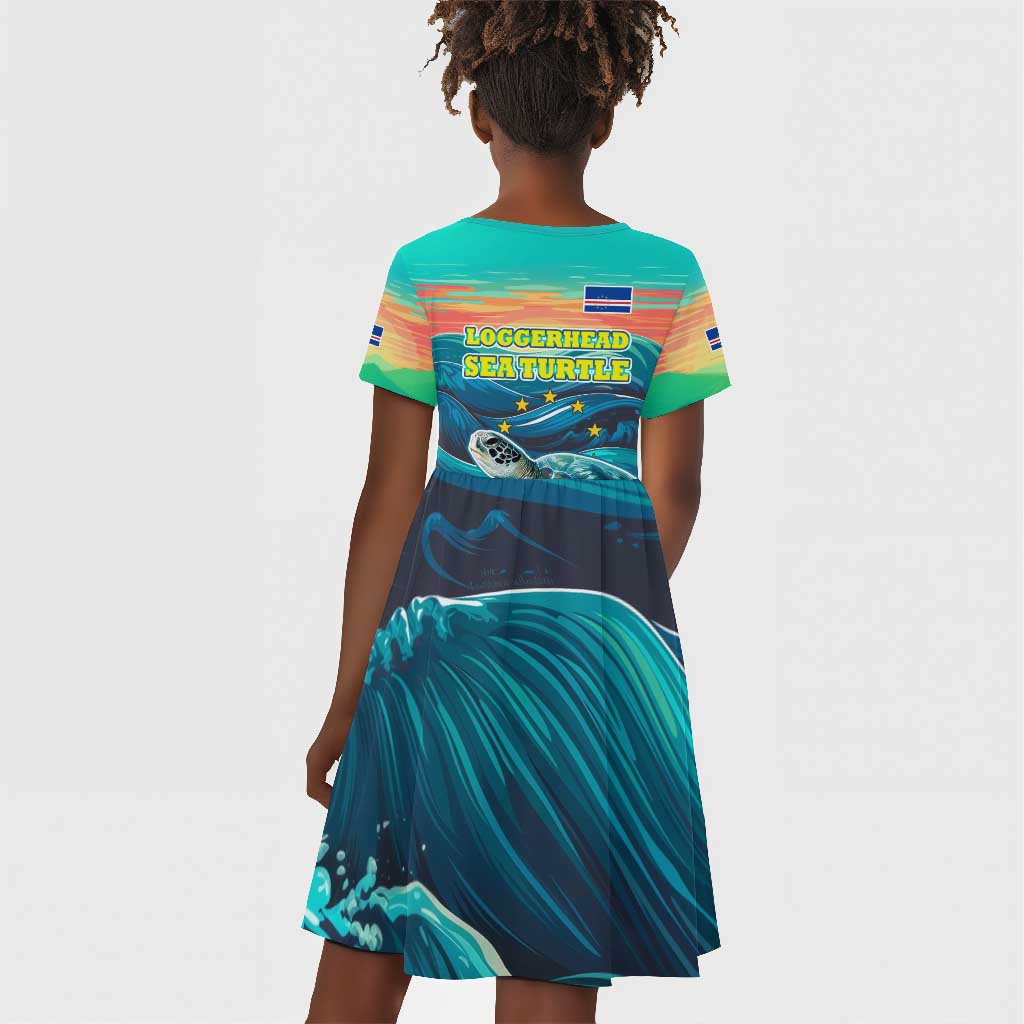 Cape Verde Kid Short Sleeve Dress with Loggerhead Sea Turtle Ocean Sunset Spirit