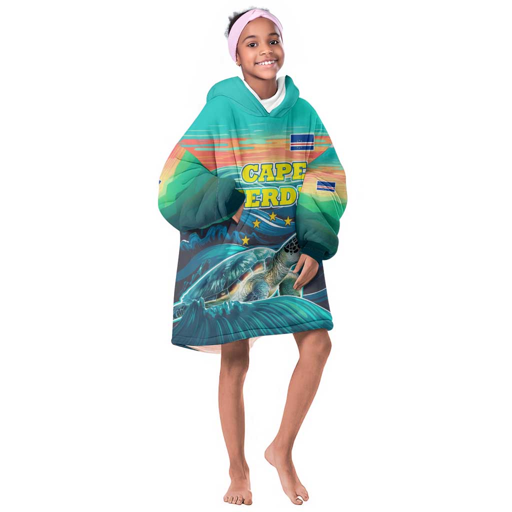 Cape Verde Kid Wearable Blanket Hoodie with Loggerhead Sea Turtle Ocean Sunset Spirit