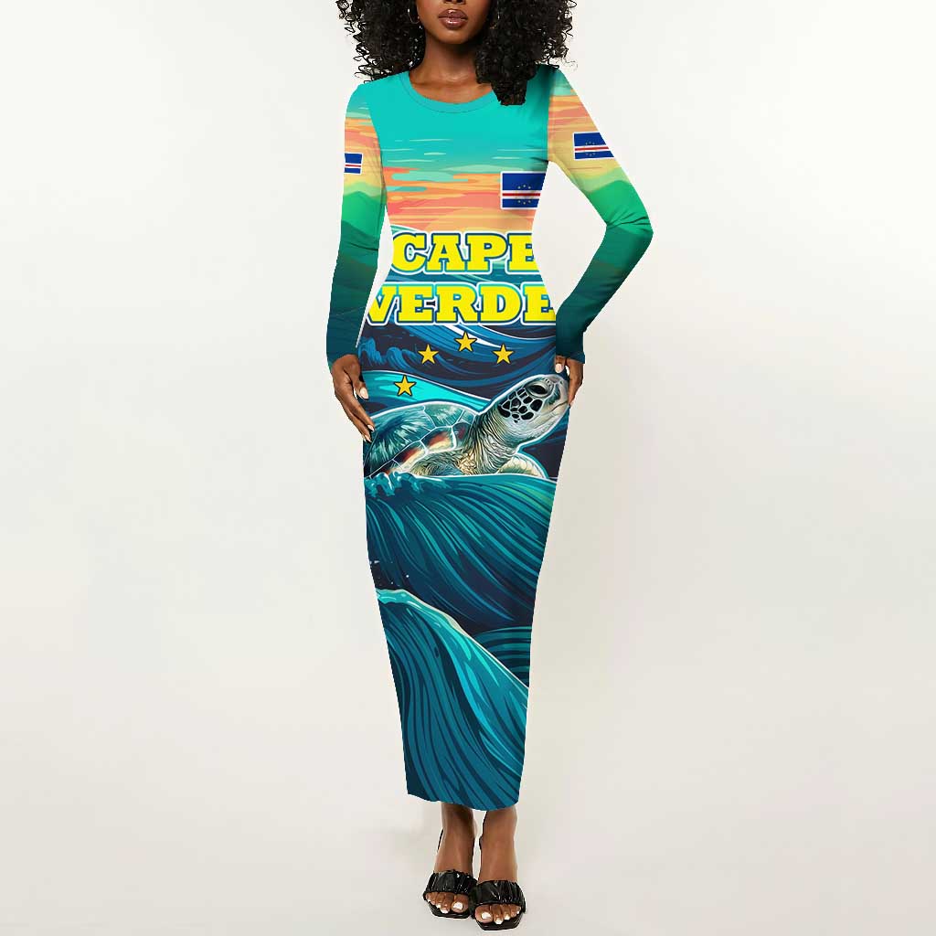 Cape Verde Long Sleeve Bodycon Dress with Loggerhead Sea Turtle Ocean Sunset Spirit