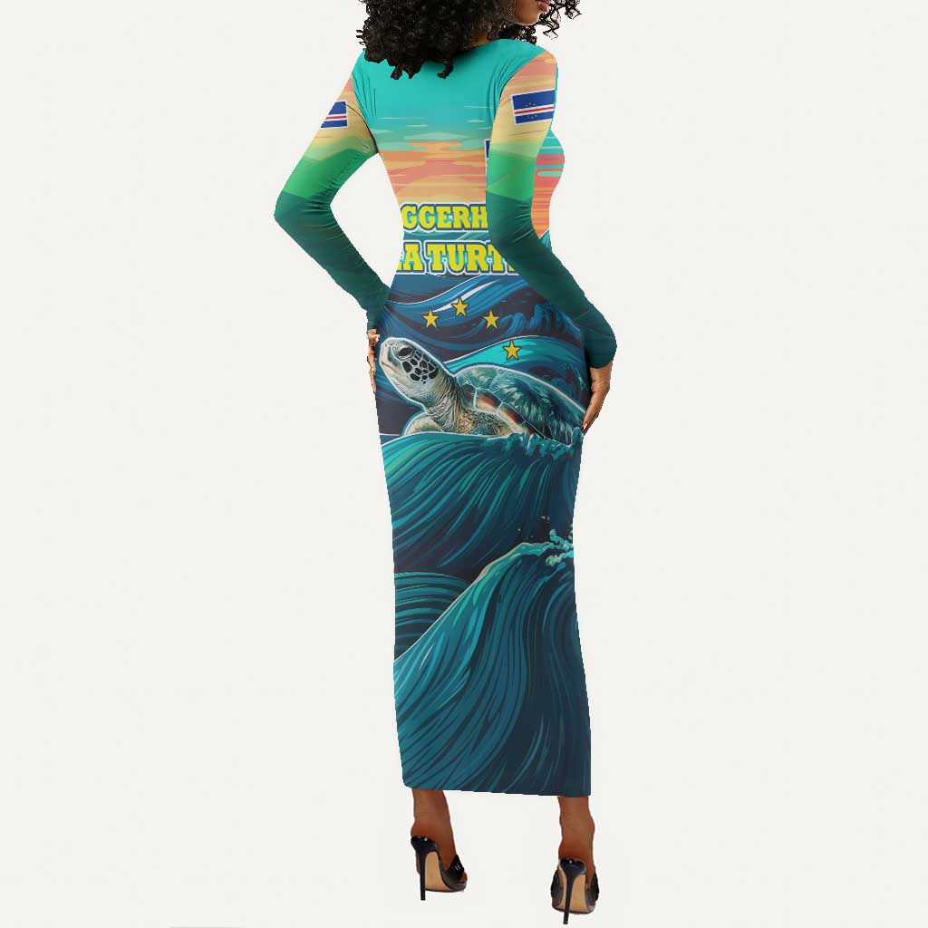 Cape Verde Long Sleeve Bodycon Dress with Loggerhead Sea Turtle Ocean Sunset Spirit