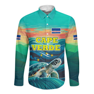 Cape Verde Long Sleeve Button Shirt with Loggerhead Sea Turtle Ocean Sunset Spirit