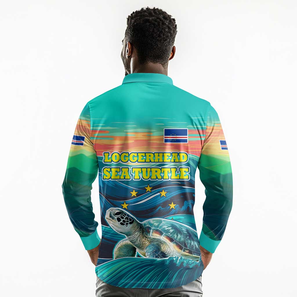 Cape Verde Long Sleeve Polo Shirt with Loggerhead Sea Turtle Ocean Sunset Spirit