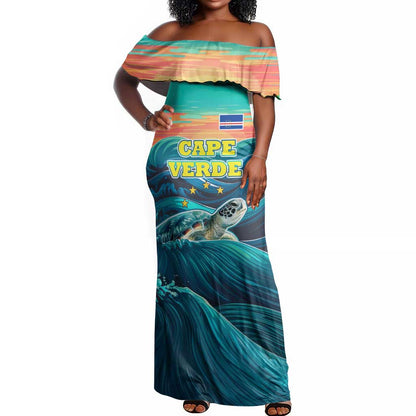 Cape Verde Off Shoulder Maxi Dress with Loggerhead Sea Turtle Ocean Sunset Spirit