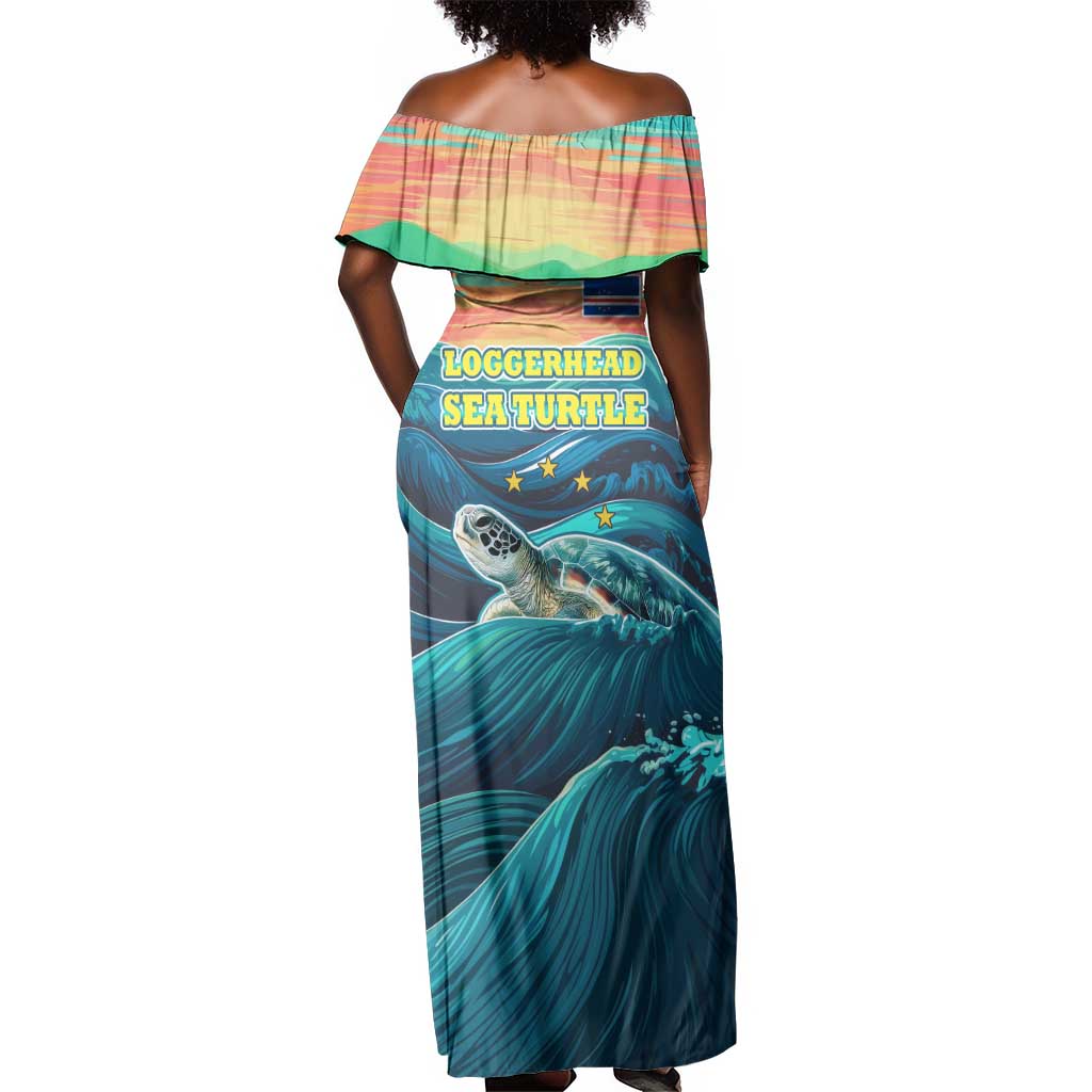 Cape Verde Off Shoulder Maxi Dress with Loggerhead Sea Turtle Ocean Sunset Spirit
