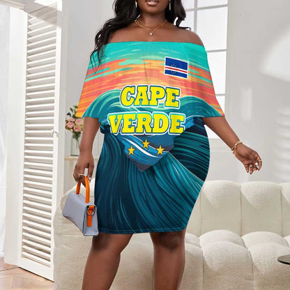 Cape Verde Off Shoulder Short Dress with Loggerhead Sea Turtle Ocean Sunset Spirit