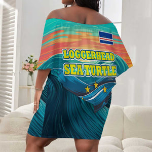 Cape Verde Off Shoulder Short Dress with Loggerhead Sea Turtle Ocean Sunset Spirit