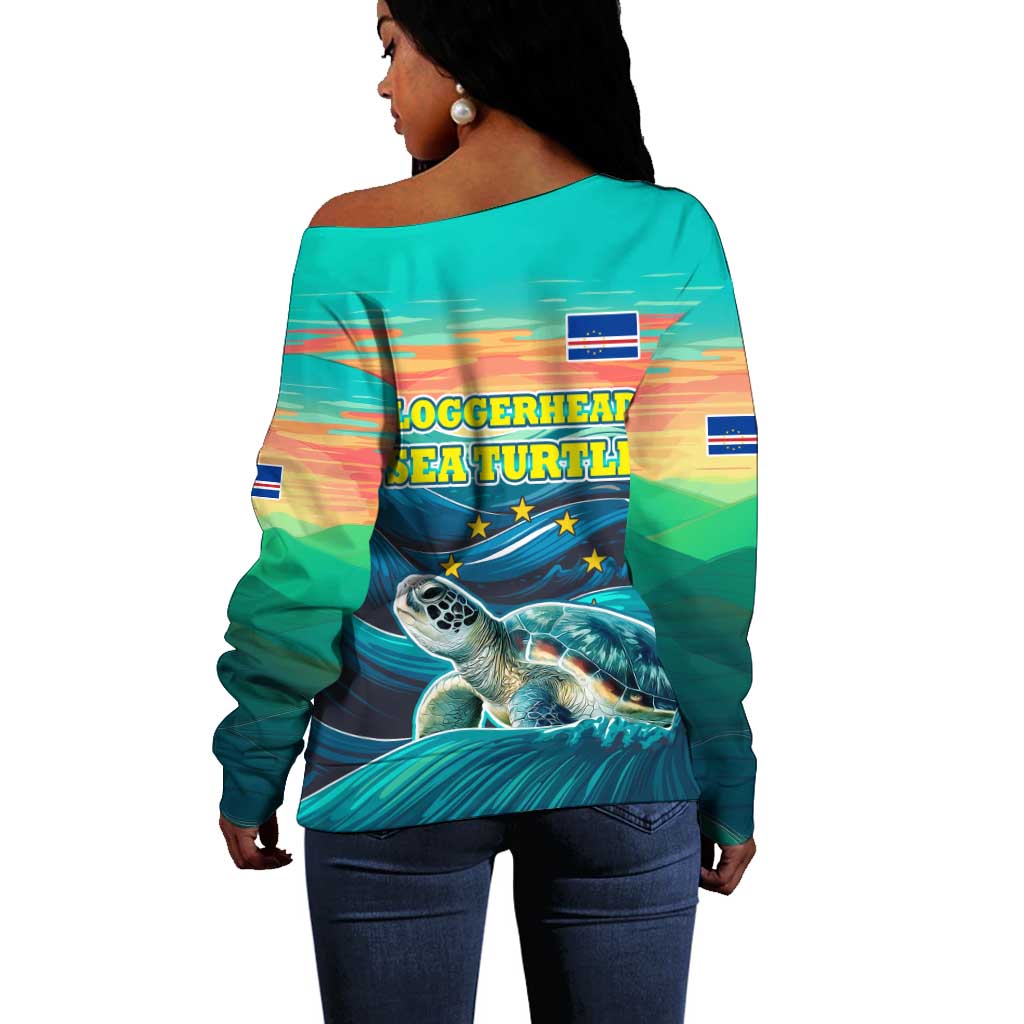 Cape Verde Off Shoulder Sweater with Loggerhead Sea Turtle Ocean Sunset Spirit
