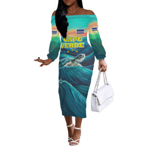 Cape Verde Off The Shoulder Long Sleeve Dress with Loggerhead Sea Turtle Ocean Sunset Spirit