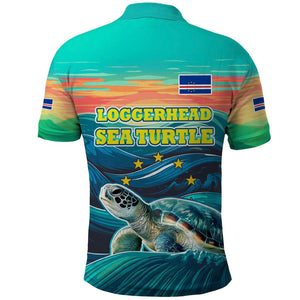 Cape Verde Polo Shirt with Loggerhead Sea Turtle Ocean Sunset Spirit