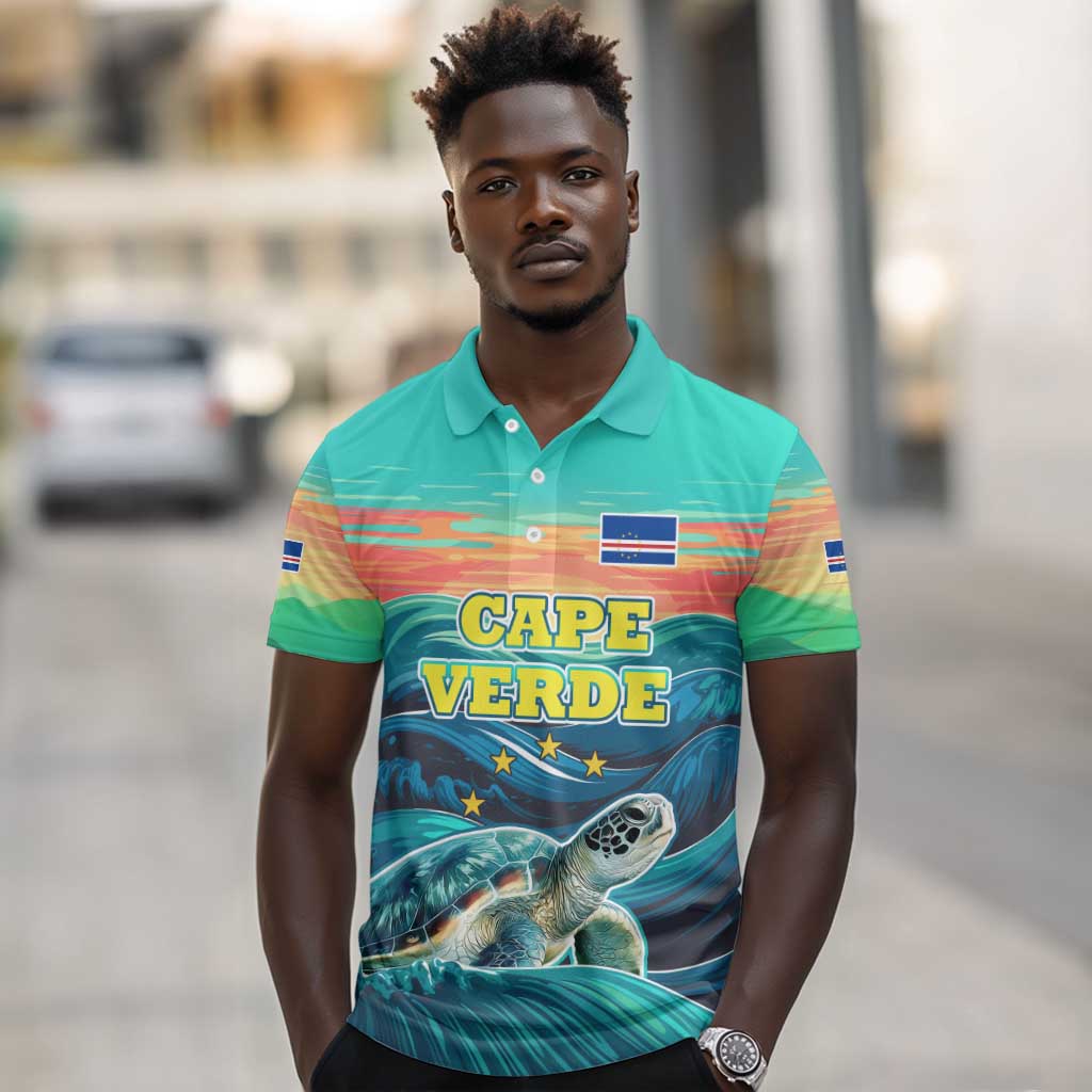 Cape Verde Polo Shirt with Loggerhead Sea Turtle Ocean Sunset Spirit
